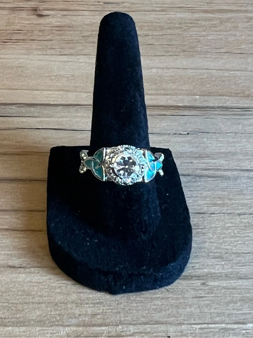 Silver-tone Green Enamel Floral Halo Ring With Clear Center Stone Size 7